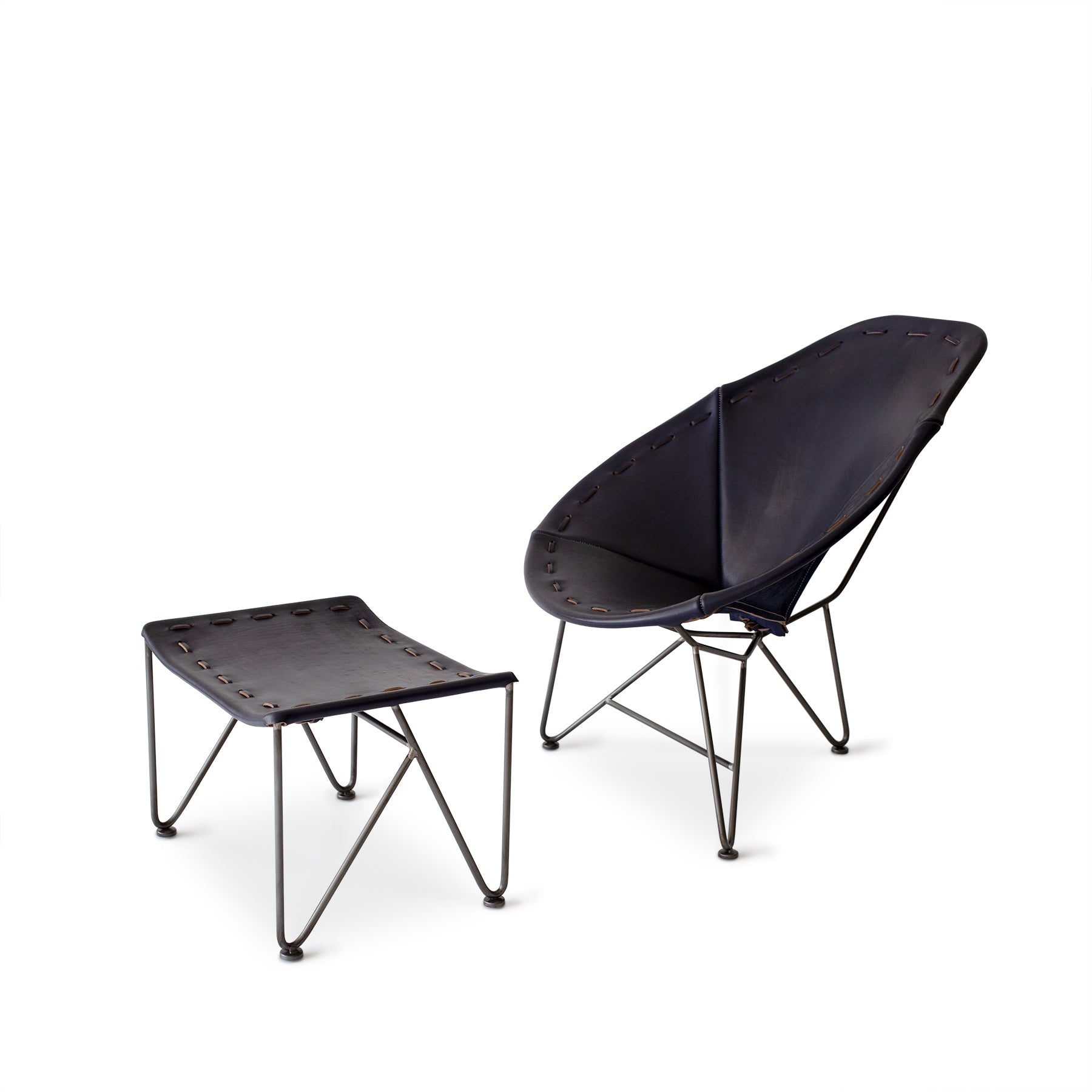 Saddle Leather Oval Chair in Blue with Natural Steel Base